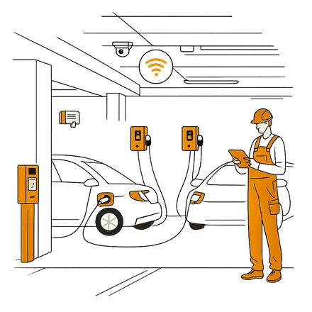 Un parking souterrain avec des voitures électriques en charge, une borne WiFi au plafond et un électricien qui vérifie l'installation