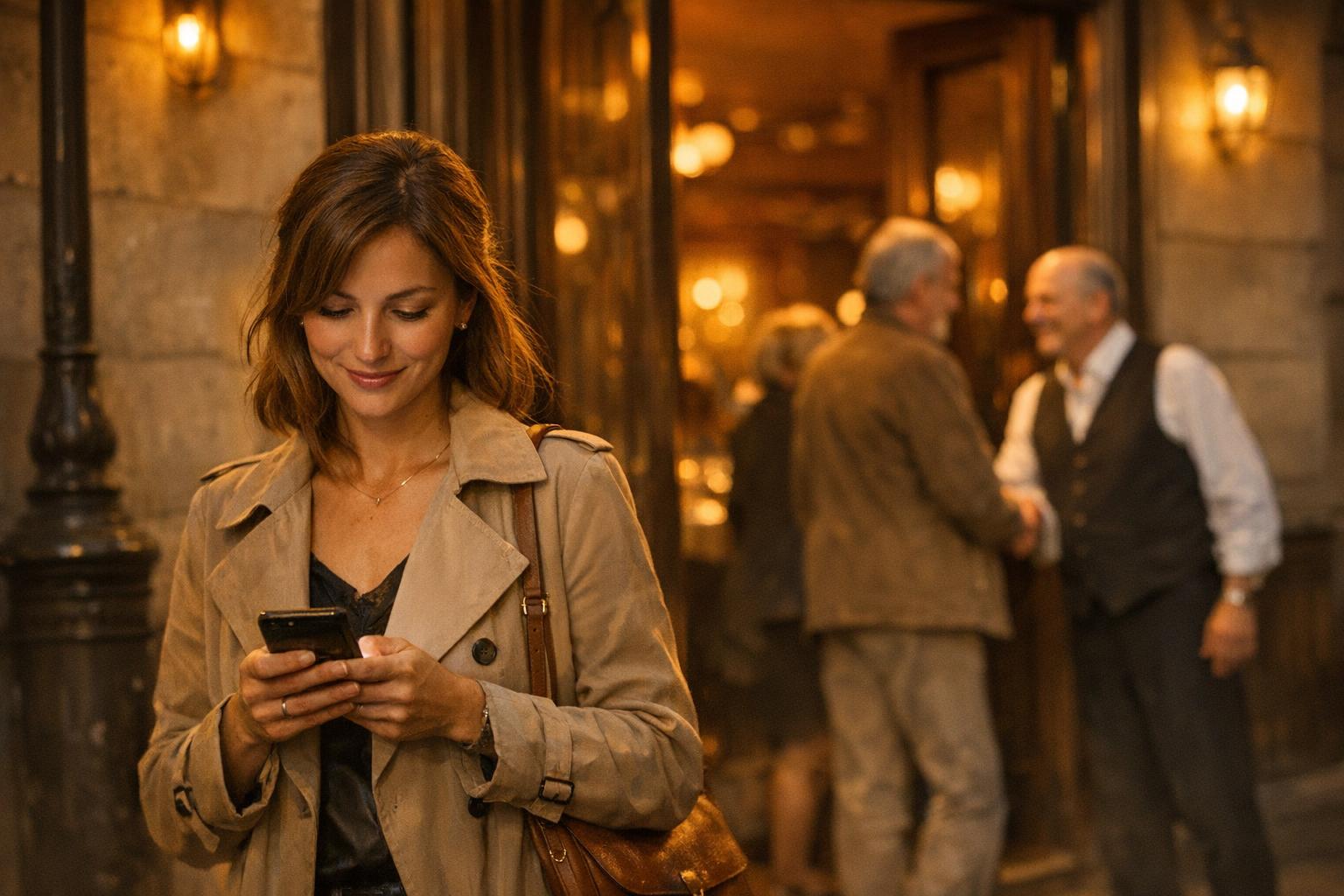 Cliente laissant un avis Google sur son smartphone à la sortie d'un restaurant
