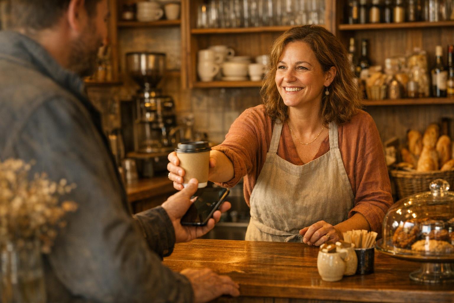 Commerçante servant un client connecté au WiFi de la boutique