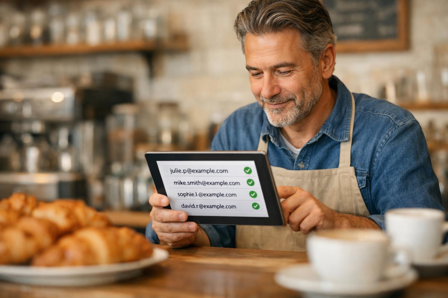 Commerçant consultant sur une tablette ses contacts clients validés