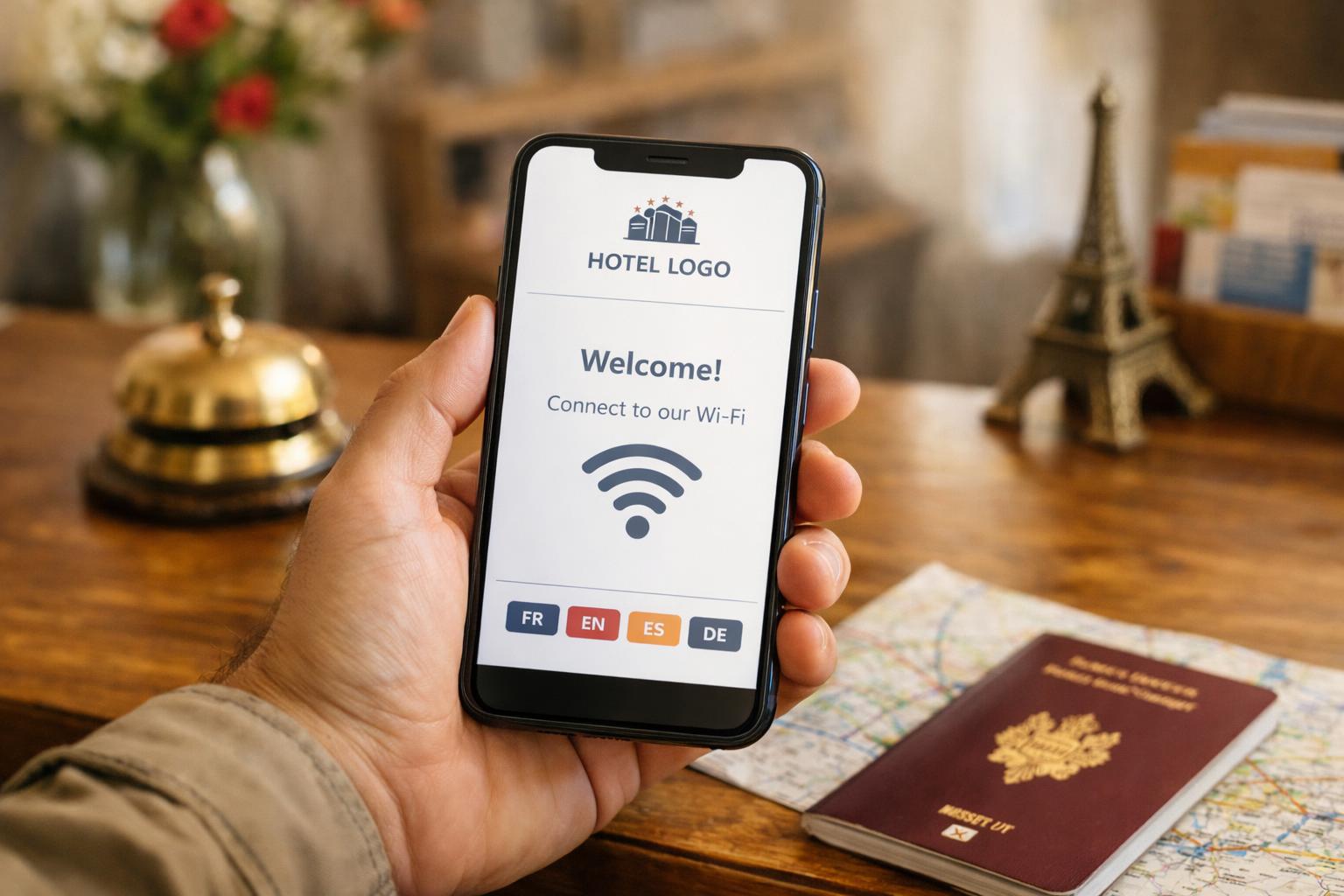 Voyageur à la réception d'un hôtel, page de connexion WiFi avec sélecteur de langue