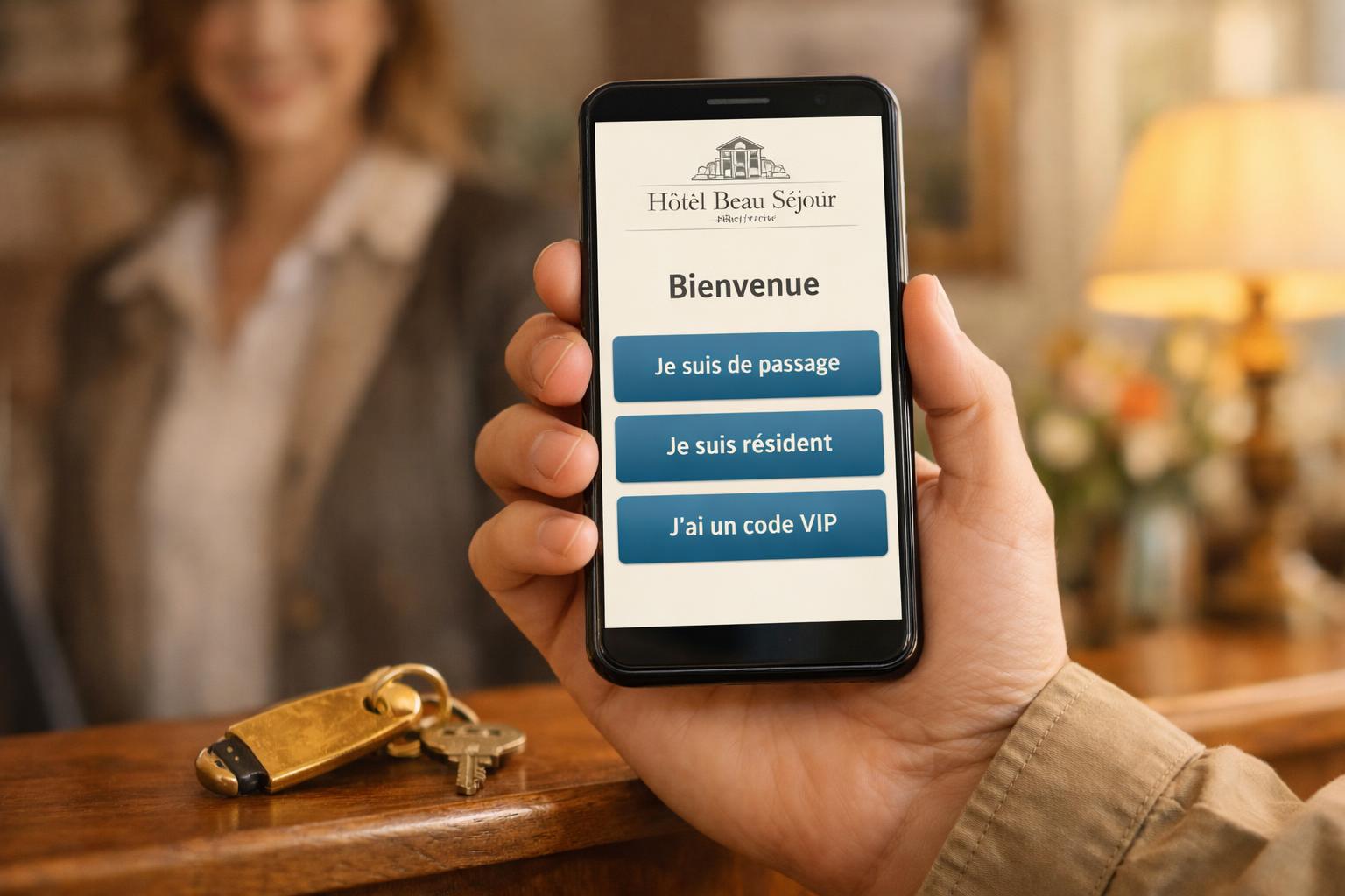 Un voyageur à la réception d'un hôtel montre le portail WiFi PassWiFi : de passage, résident ou code VIP