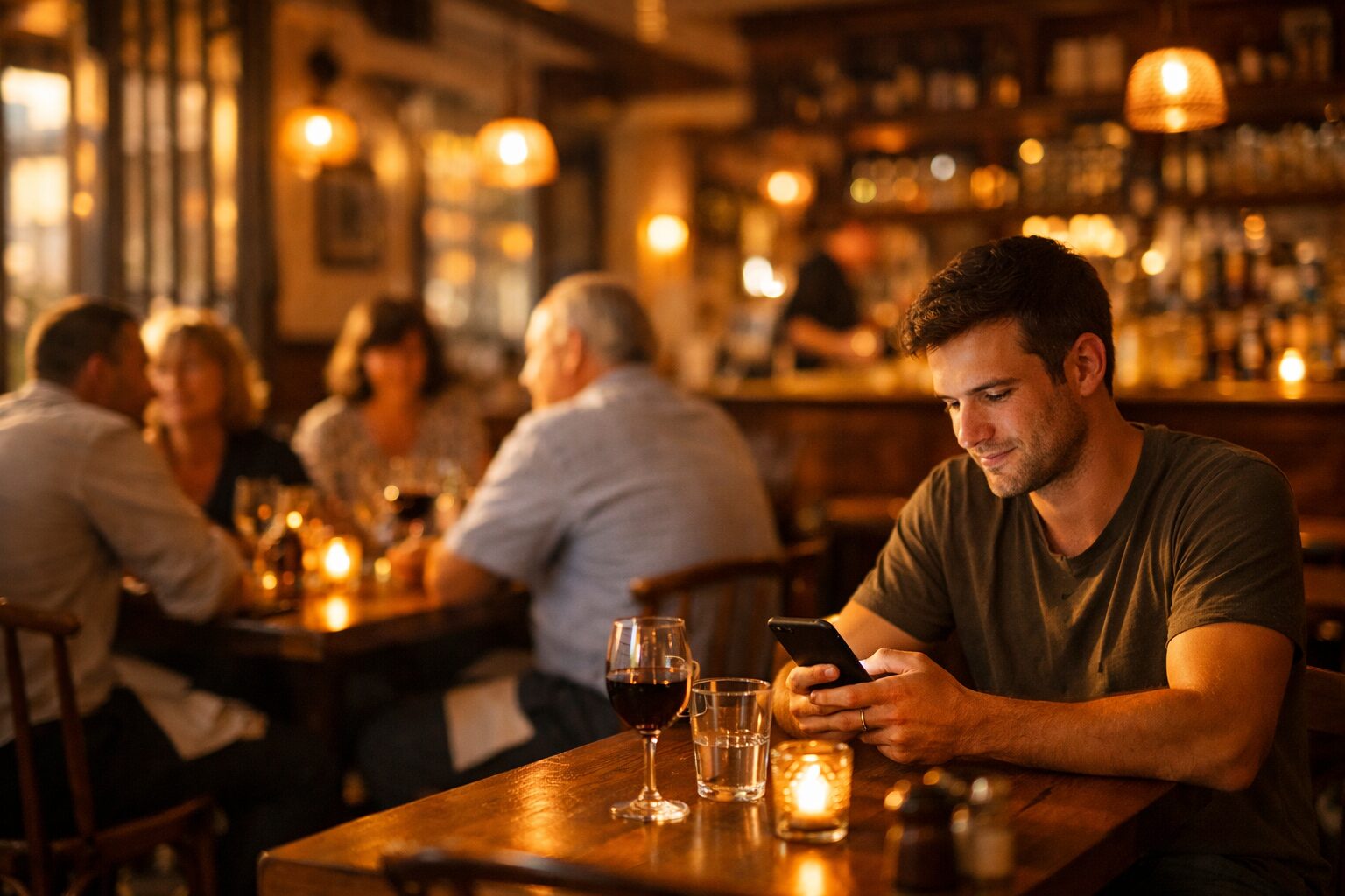 Terrasse de restaurant le soir, clients connectés au WiFi PassWiFi