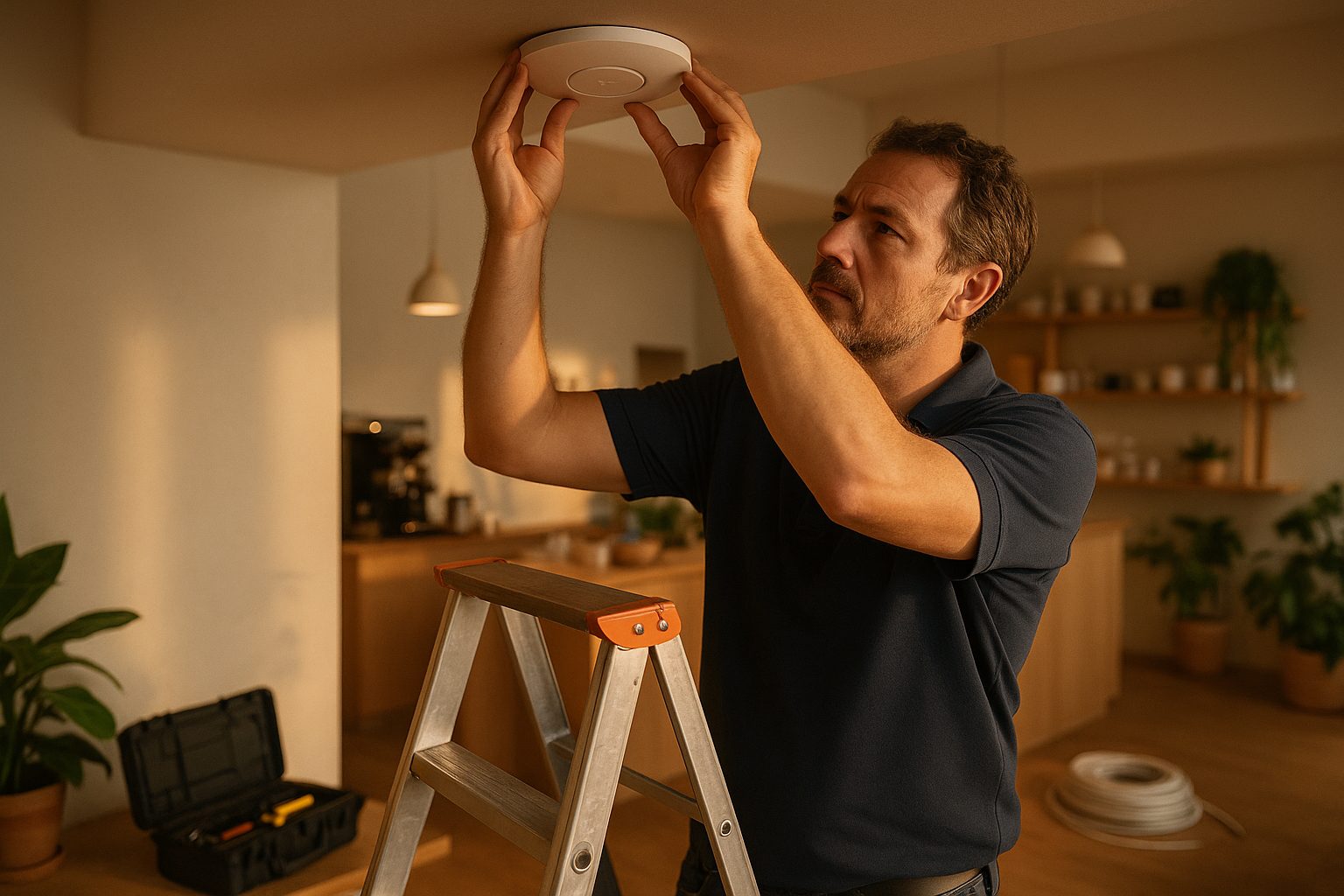 Technicien réseau installant une borne WiFi PassWiFi au plafond d'un commerce
