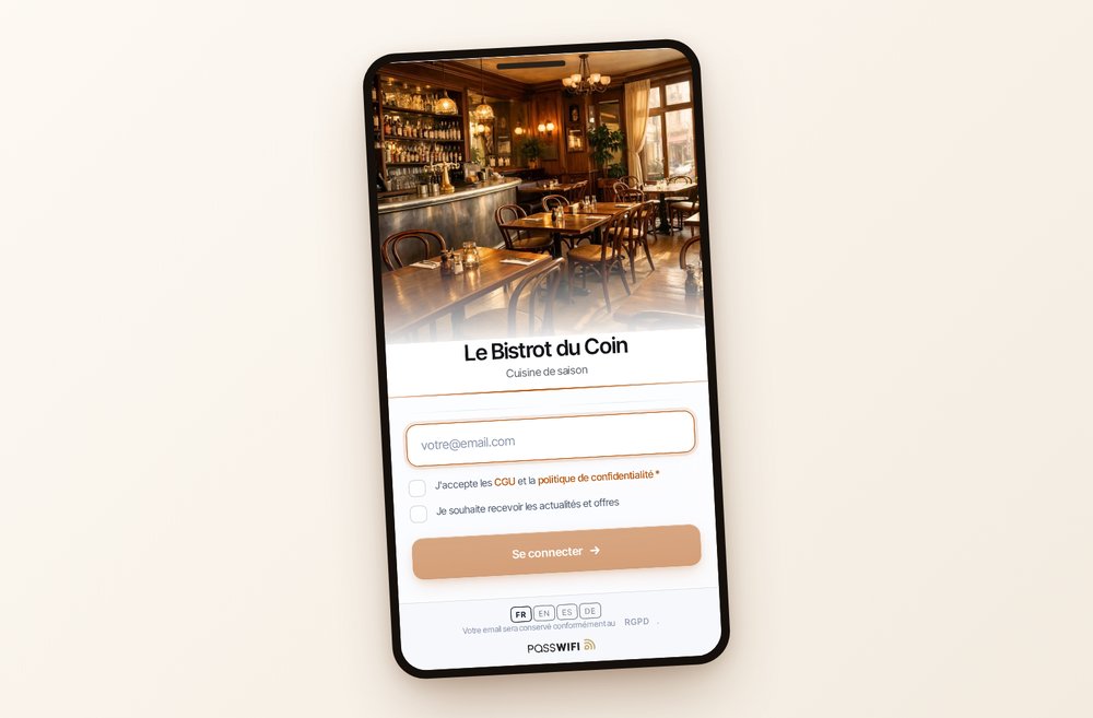 La page de connexion PassWiFi au style Premium, avec la photo et le nom de l'établissement