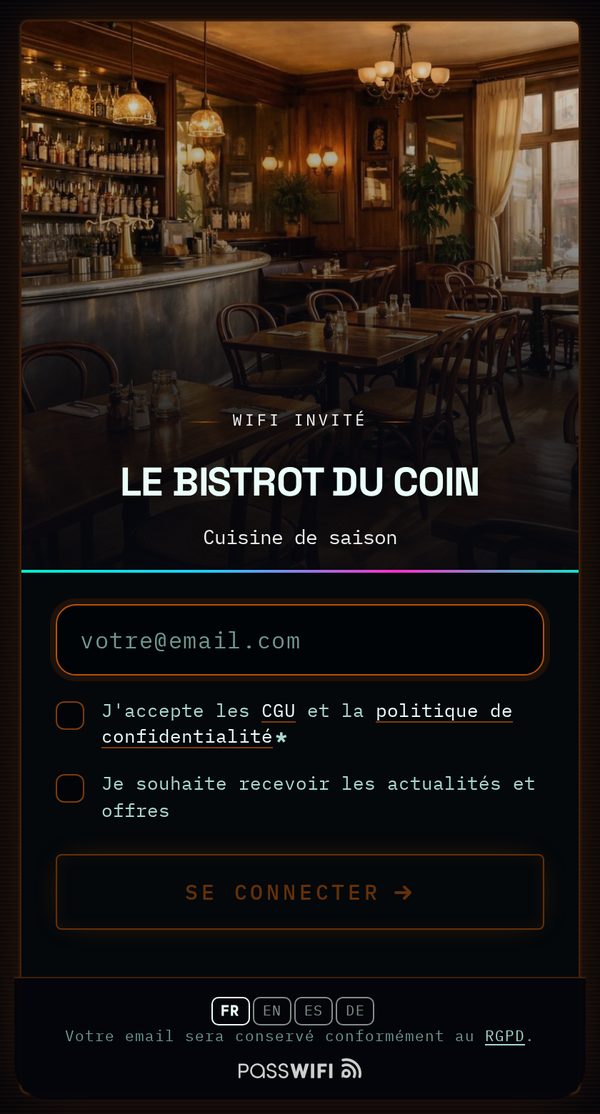 Style Néon : page de connexion WiFi vue sur un téléphone