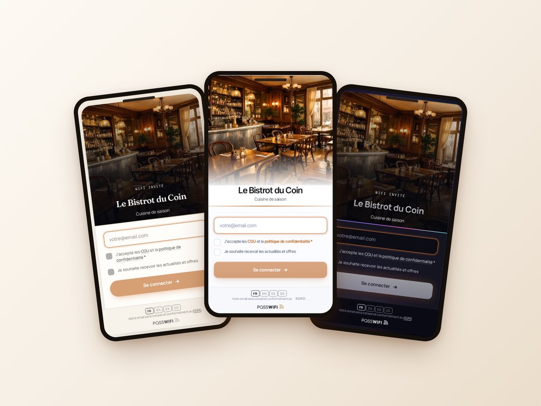 Trois styles de la page de connexion PassWiFi, sur trois téléphones, pour un même bistrot
